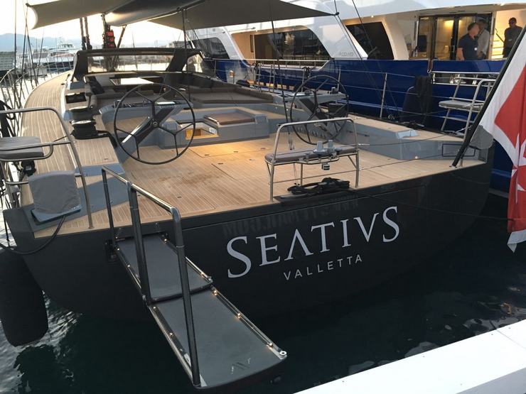 Carbon fiber gangway with non-slip walkway, led and rigid quick release stanchions on a Southern Wind sailing yacht